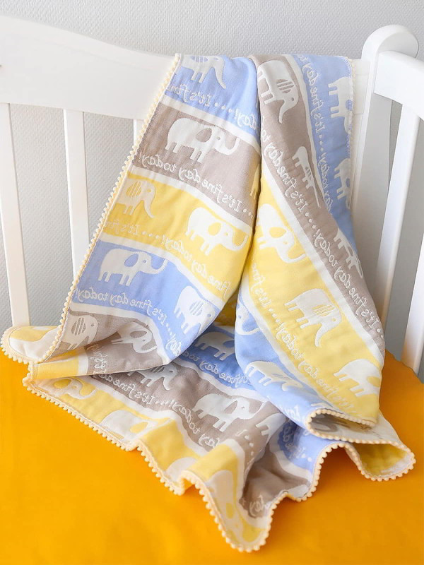 Хлопковый плед Слоники голубой-желтый