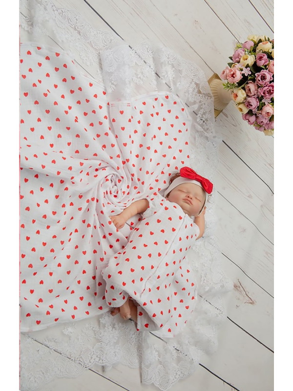 Летний муслиновый комплект Айла сердечки алые