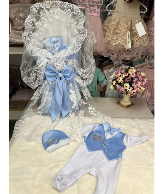 Комплект на выписку Азалия-Джентльмен белый-голубой