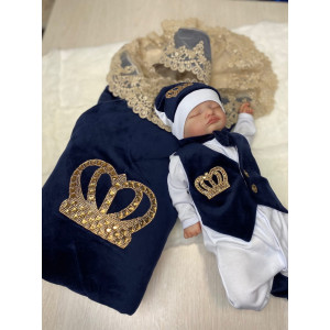 Комплект на выписку Бархат-Джентльмен синий-золото