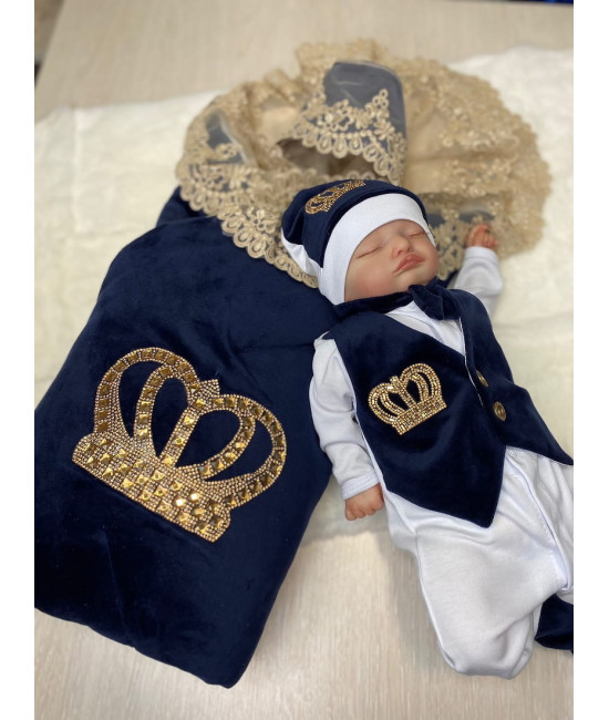 Комплект на выписку Бархат-Джентльмен синий-золото