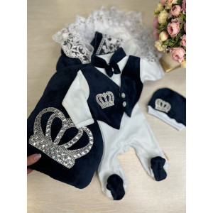 Комплект на выписку Бархат-Джентльмен синий-серебро