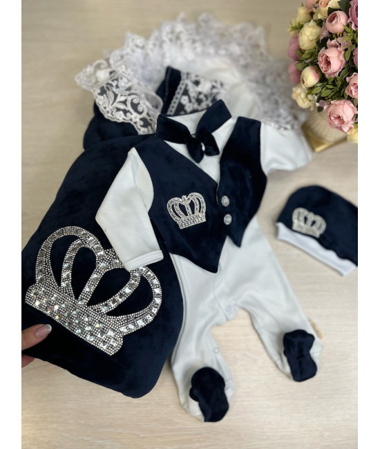 Комплект на выписку Бархат-Джентльмен синий-серебро