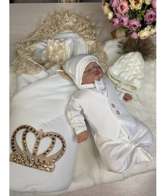 Комплект на выписку Бархат-Джентльмен молочный золото