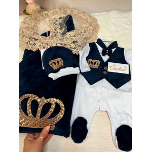 Комплект на выписку Бархат-Джентльмен синий-золото