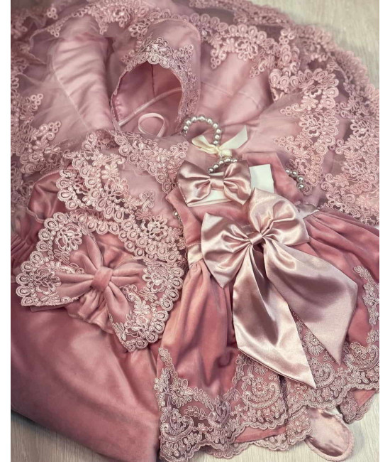 Комплект на выписку для новорожденного Самия-Лея бархат пудра