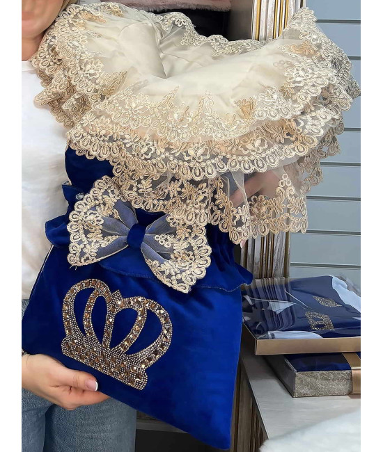 Конверт на выписку для новорожденного Самия бархат синий-какао