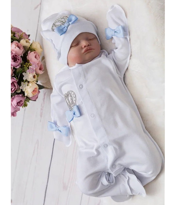 Комбинезон с шапочкой Бант молочный-голубой