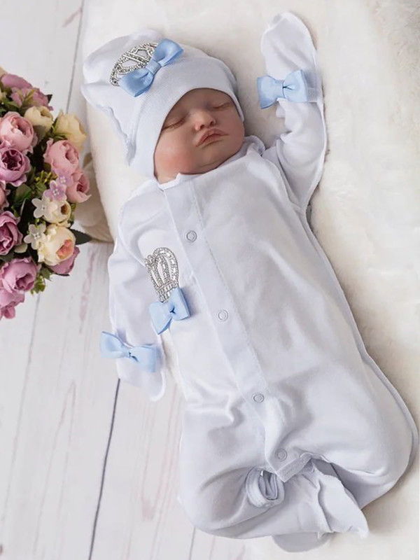 Комбинезон с шапочкой Бант молочный-голубой