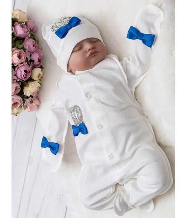 Комбинезон с шапочкой Бант молочный-синий