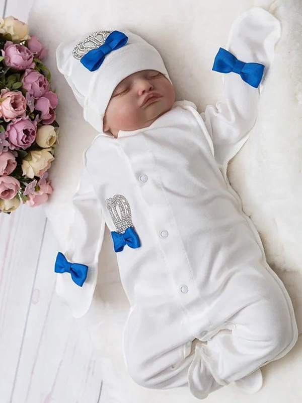 Комбинезон с шапочкой Бант молочный-синий