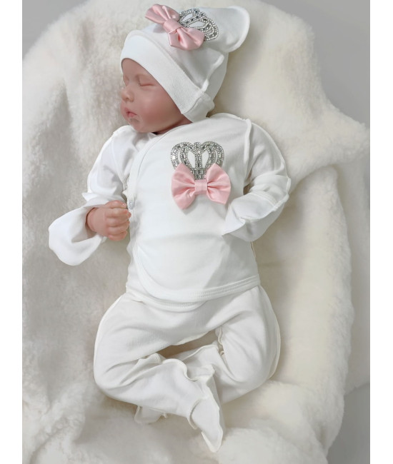 Комплект на выписку Бант молочный-розовый