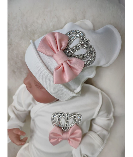 Комплект на выписку Бант молочный-розовый