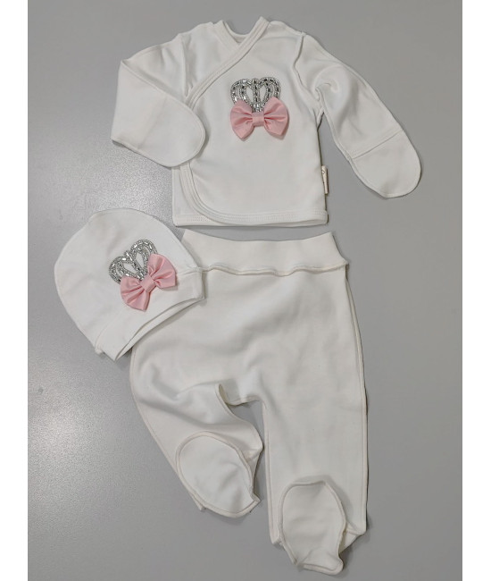 Комплект на выписку Бант молочный-розовый