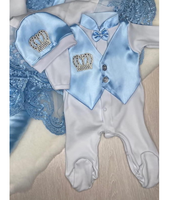 Комплект на выписку Корона голубой атлас
