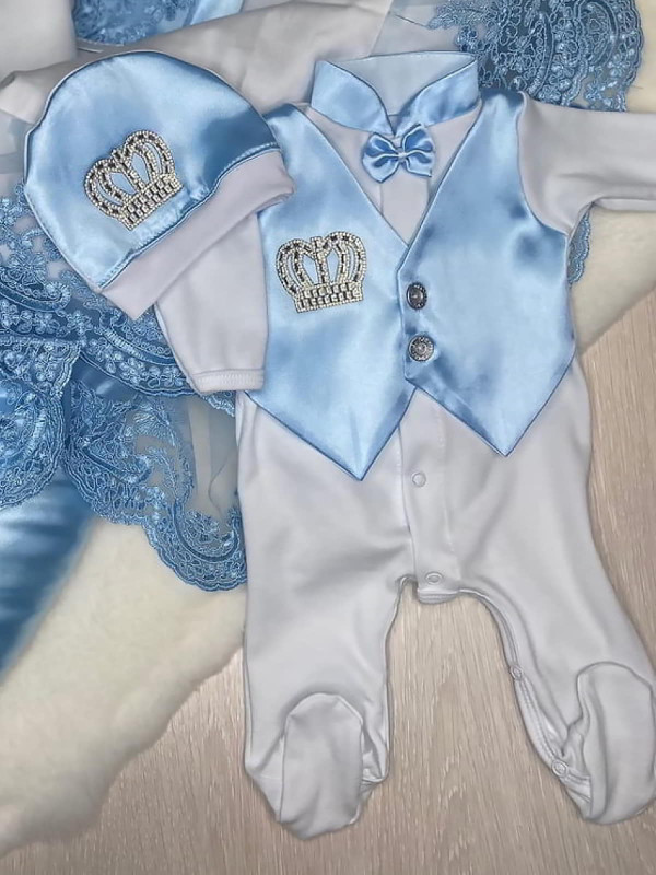Комбинезон с шапочкой Корона голубой атлас