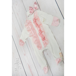 Летний вязаный комплект на выписку Рис Изабелла молочный-пудра