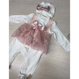 Летний вязаный комплект на выписку Рис кокетка пудра