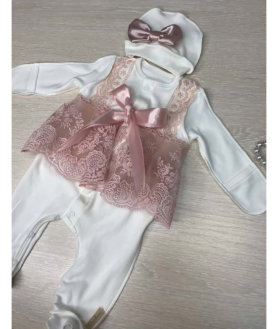 Летний вязаный комплект на выписку Рис кокетка пудра