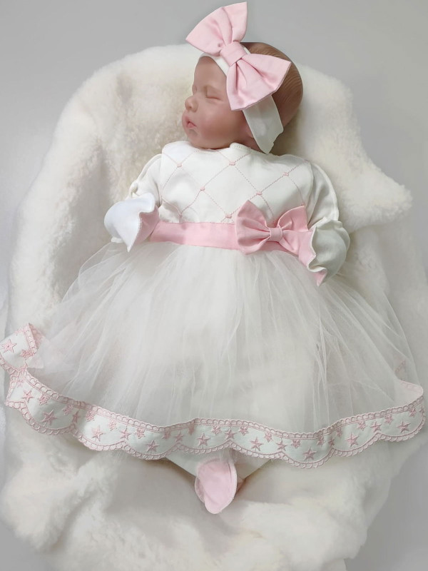 Платье с повязкой и комбинезоном Кокетка белый-пудра