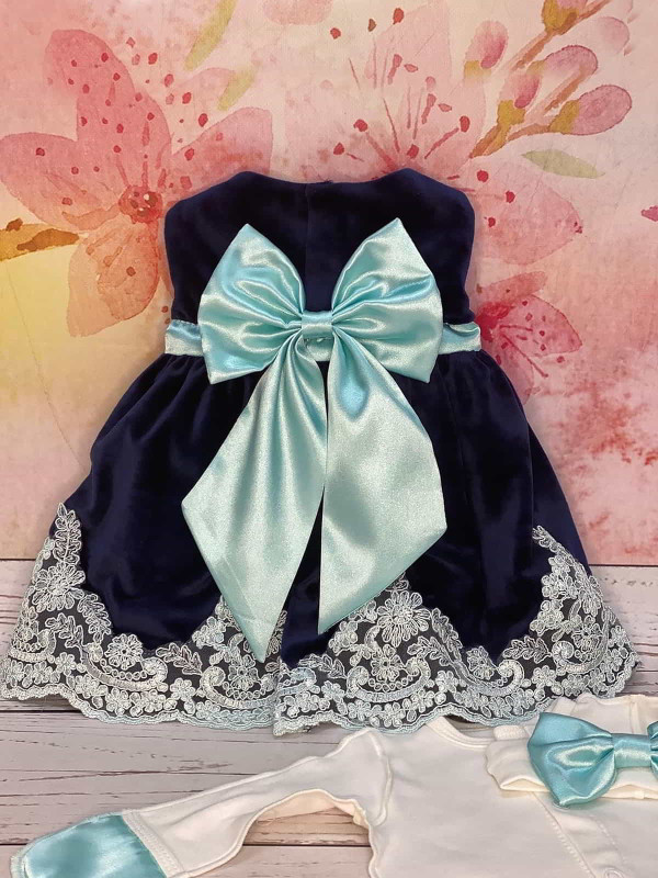 Платье с повязкой и комбинезоном Лея бархат синее-тиффани