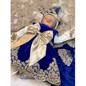 Платье для новорожденных Лея бархат синее-какао