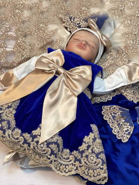 Платье для новорожденных Лея бархат синее-какао