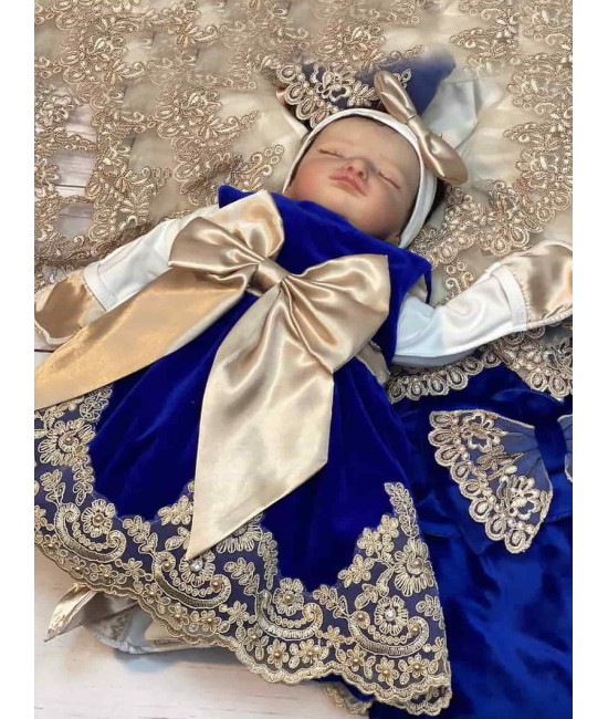 Платье для новорожденных Лея бархат синее-какао