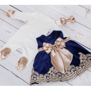 Платье для новорожденных Лея бархат синее-какао