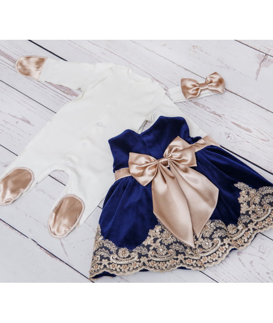 Платье для новорожденных Лея бархат синее-какао
