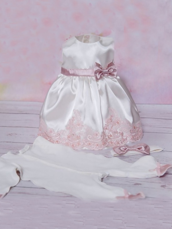 Платье с повязкой и комбинезоном Лея молочное-пудра