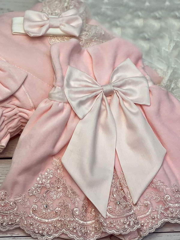 Платье с повязкой и комбинезоном Лея бархат розовое