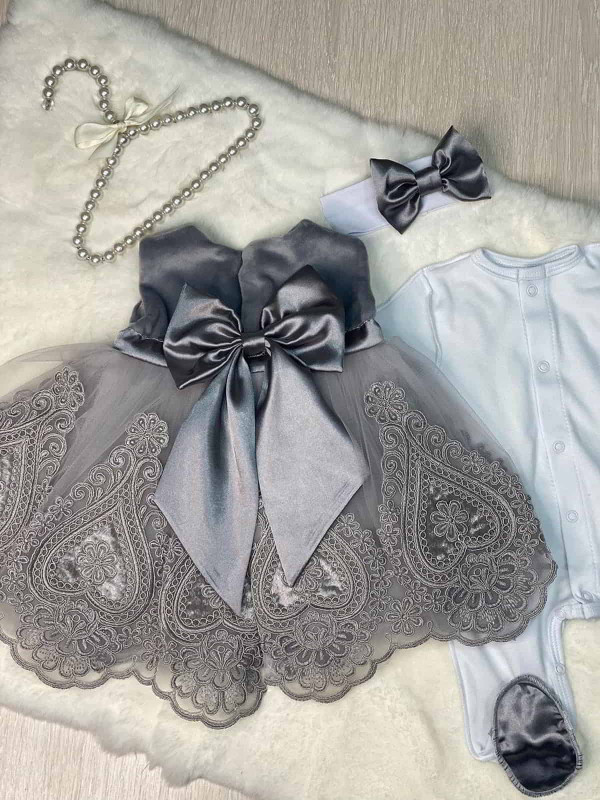 Платье с повязкой и комбинезоном Людовика бархат серое