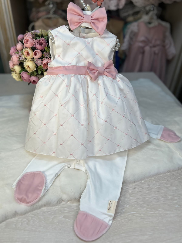 Платье с повязкой и комбинезоном Восторг белый-пудра