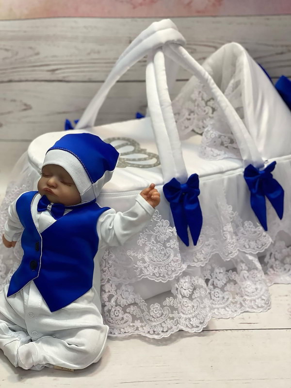 Люлька-переноска Королевская 2 тафта белая-синий