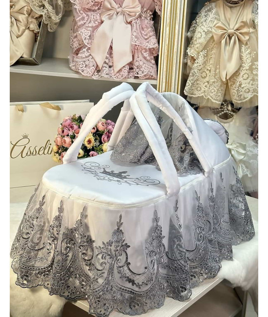 Люлька-переноска Великолепный век тафта белая с серым