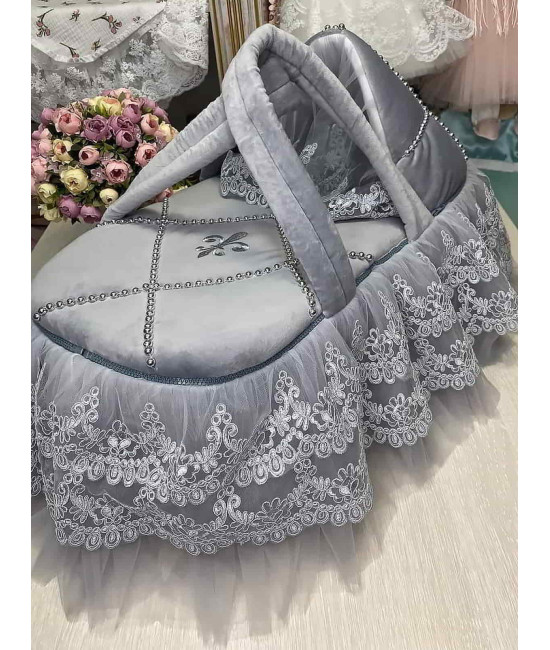 Люлька-переноска для новорожденного Лилия бархат серая