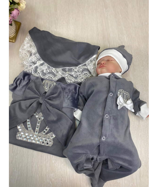 Летний комплект на выписку Королевский-Джентльмен серый