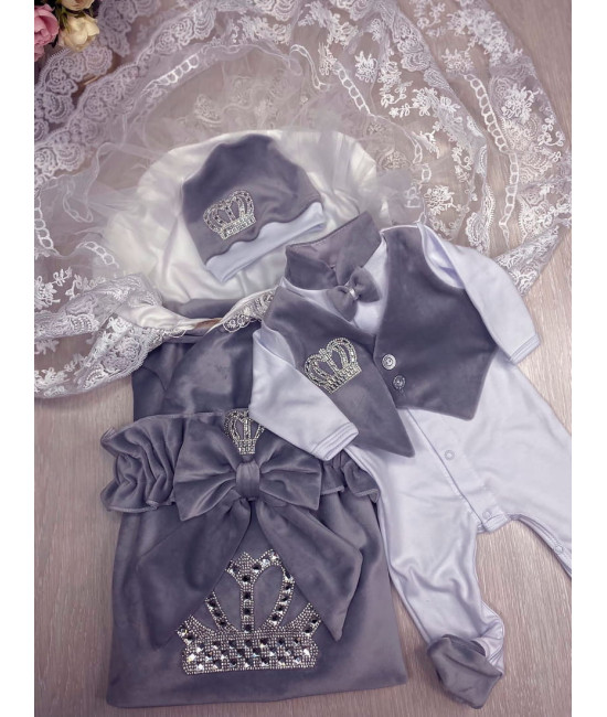 Летний комплект на выписку Королевский-Джентльмен серый