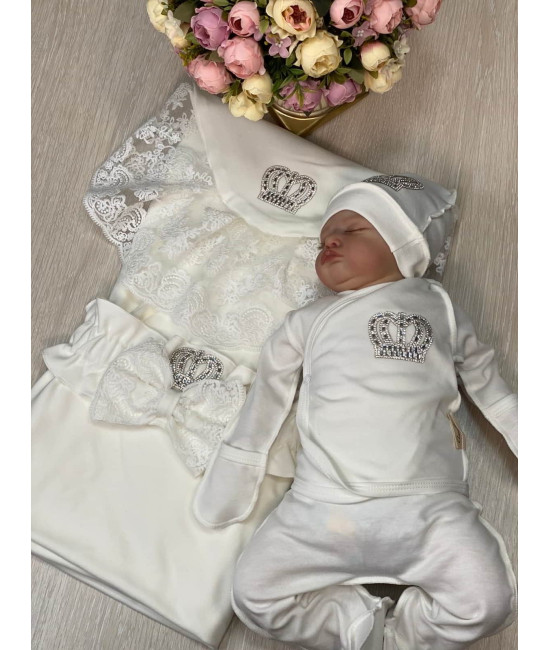 Летний комплект на выписку Королевский-Джентльмен молочный