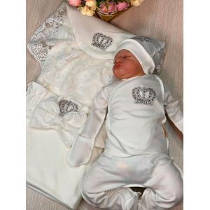 Летний комплект на выписку Марин Блю Корона молочный