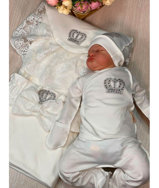 Летний комплект на выписку Марин Блю Корона молочный