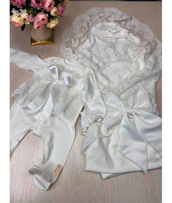 Летний комплект на выписку Марин Блю Кокетка молочный