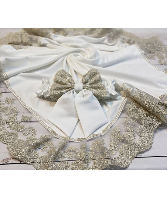 Плед Марин Блю с поясом молочный-золото