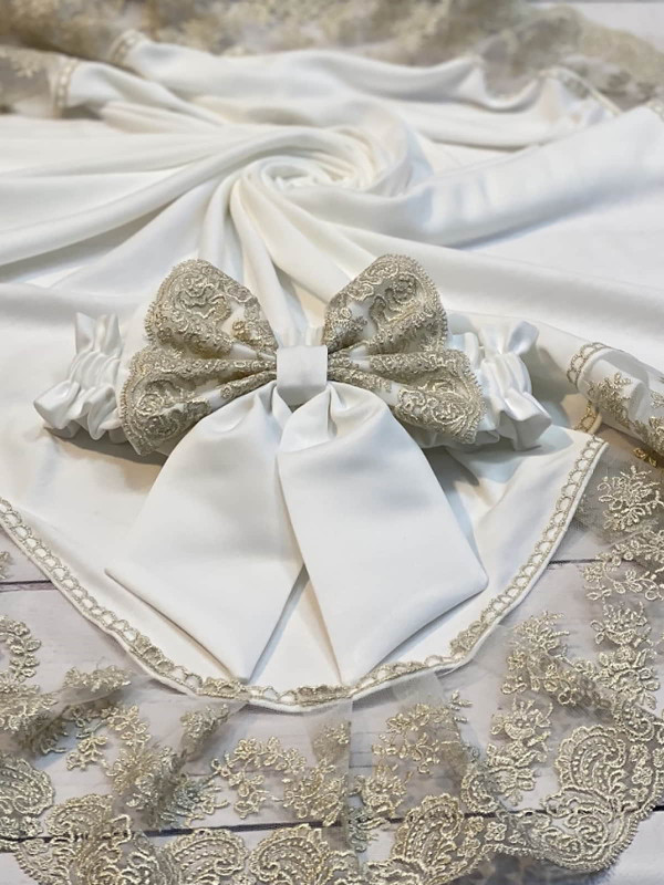 Плед Марин Блю с поясом молочный-золото