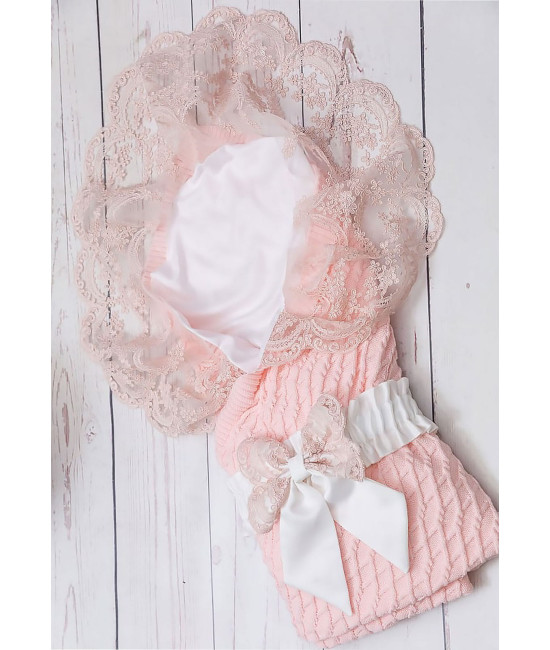 Летний вязаный плед Аран коса розовый