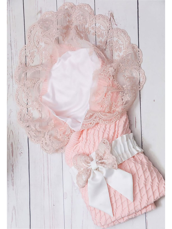 Летний вязаный плед Аран коса розовый