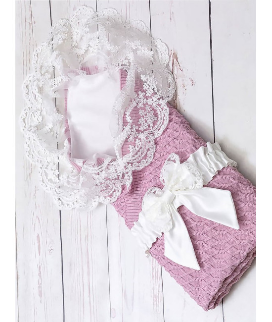 Летний вязаный плед Аран коса пудра