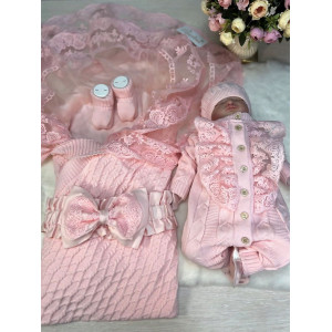 Летний вязаный комплект Аран коса-Марфин розовый