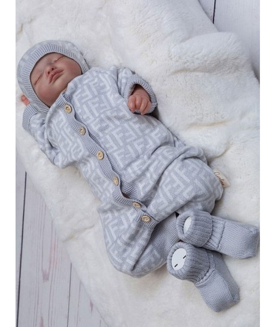 Вязаный комбинезон шапочка пинетки Фиеста серый